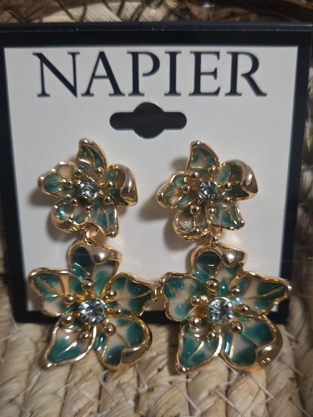 New! Napier Gold Floral Drop Earrings with Green Detailing